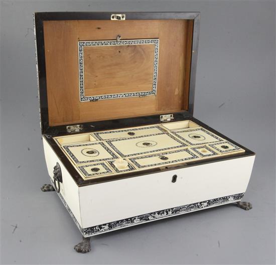 An unusual Vizagapatam ivory and lac-decorated chinoiserie sewing casket, 19th century, width 35cm, some restorations